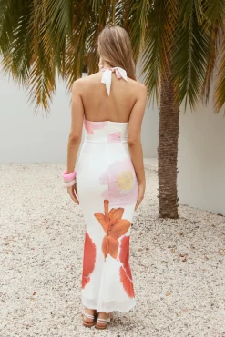 Cabana Blooms Mesh Halter Maxi Dress White