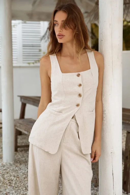 Capriccio Linen Vest Top Beige