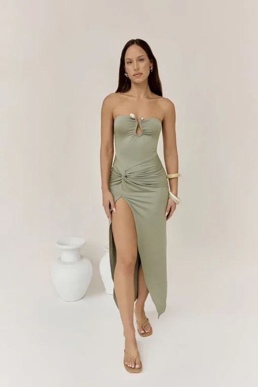 Heading Out Strapless Midi Dress Olive