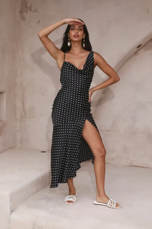 HELLO MOLLY Dotted Moment Satin Polka Dot Midi Dress Black