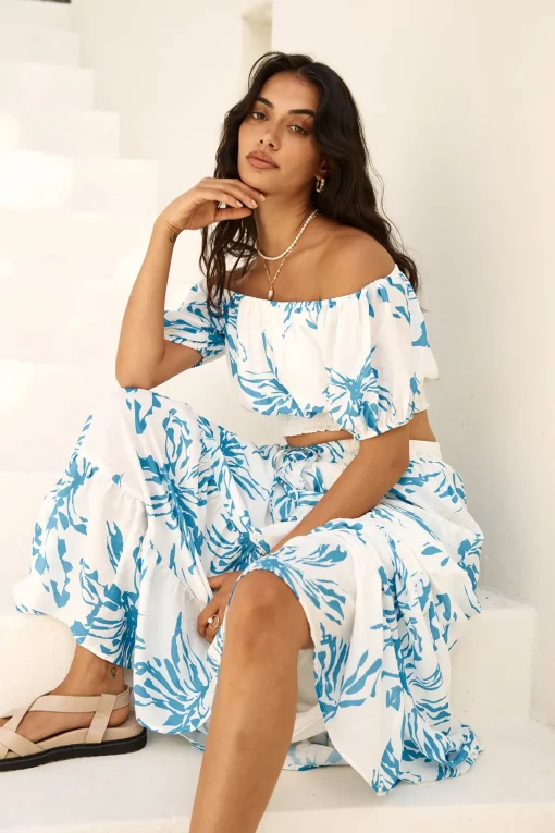 Island Whisper Off Shoulder Crop Top Blue