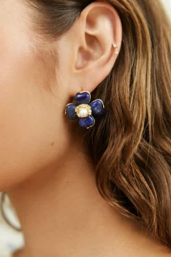 18K Gold Plated Blue Beauty Flower Earrings Gold