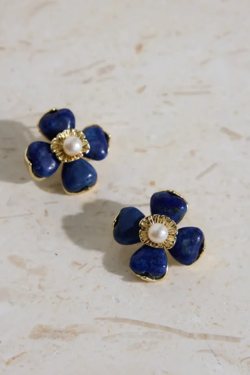 18K Gold Plated Blue Beauty Flower Earrings Gold