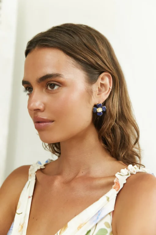 18K Gold Plated Blue Beauty Flower Earrings Gold