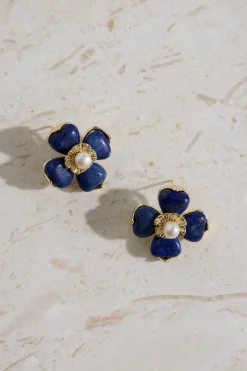 18K Gold Plated Blue Beauty Flower Earrings Gold