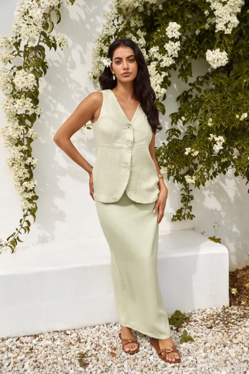 Seaside Haven Linen Vest Top Green