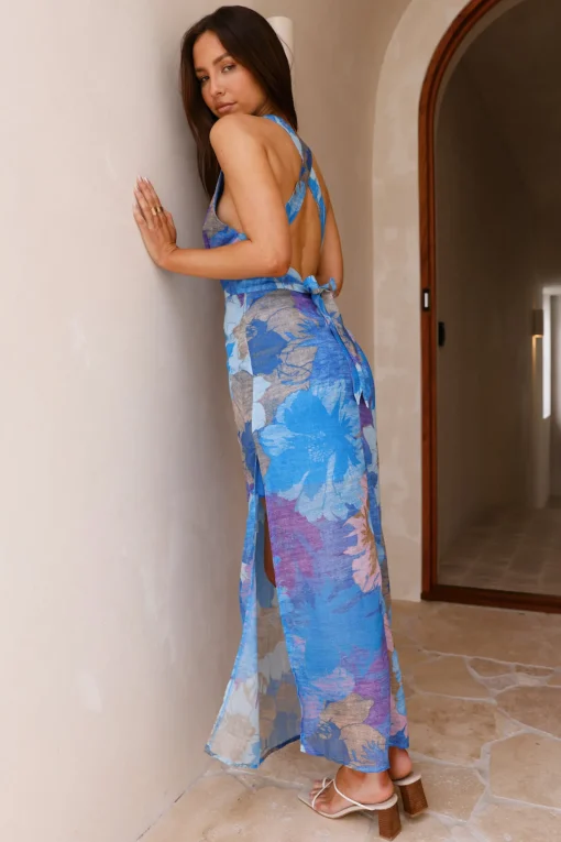 Tropical Retreat Halter Maxi Dress Blue